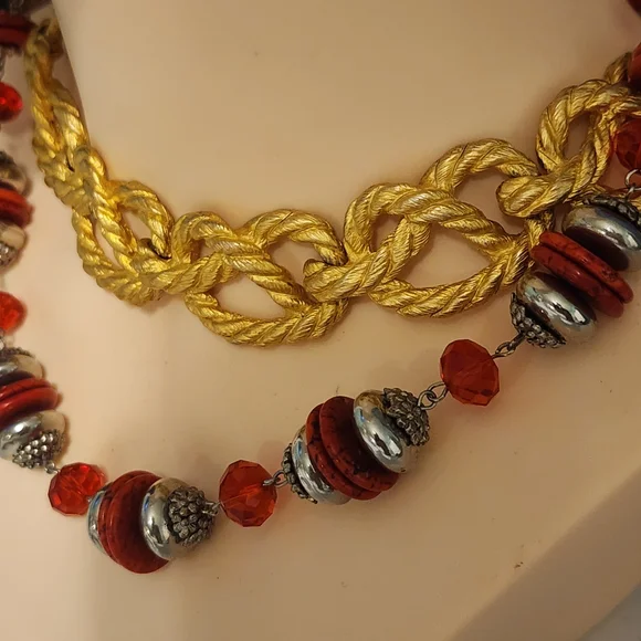 Bold Gold Chunky Knot Red Silver Tone Necklace Tiger Rhinestone Bracelets Huge - Picture 16 of 16